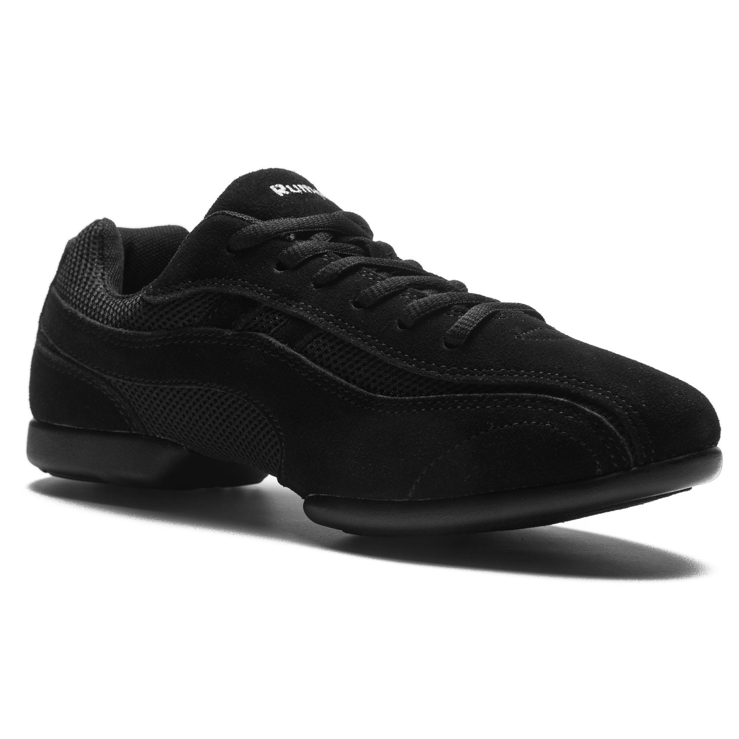 1592 Jive Sneaker in Schwarz von Rumpf: schwarzes Mesh, Wildleder, geteilte Sohle; Seiten- und Vorderansichten dargestellt.